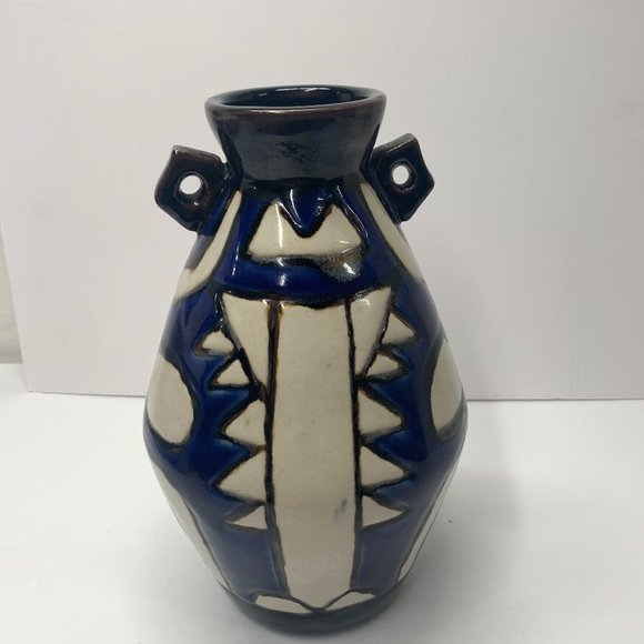 Lemax Shiwan Vintage Pottery Vase Two Handled Jug Geometric Cobalt Blue Cream - Picture 1 of 6